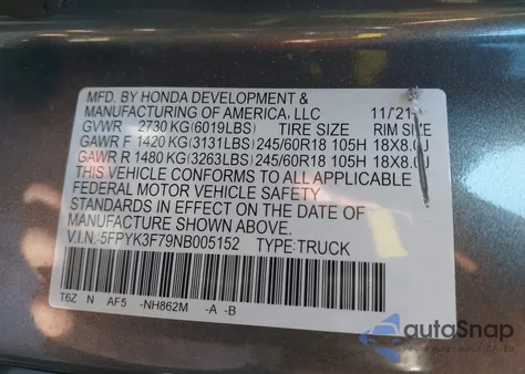 2022 Honda Ridgeline Rtl-E from USA, damaged, VIN 5FPYK3F79NB005152